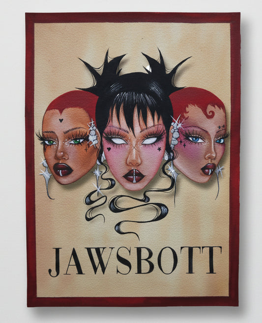 Card with 'Jawsbot' design featuring three faces on a textured surface